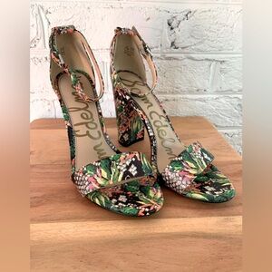 Sam Edelman snake skin tropical print heels.